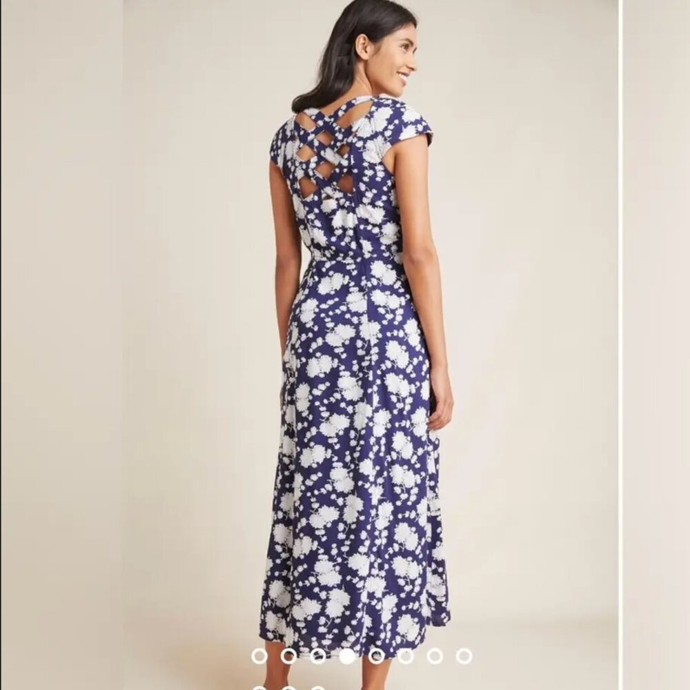 Maeve Navy and White Floral Midi Dress with Lattice Back